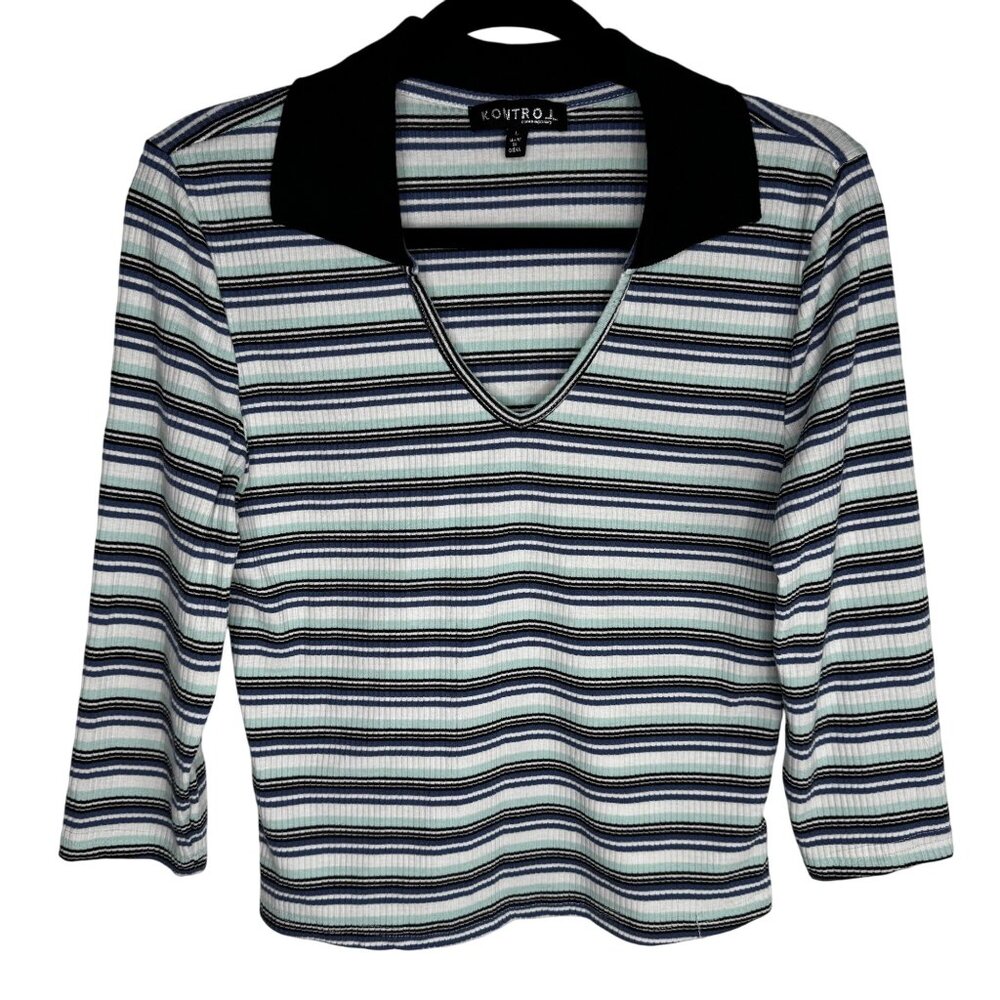 VTG Y2K Preppy Academia Kontrol Sz L Horizontal Striped 3/4 Sleeve Polo Shirt